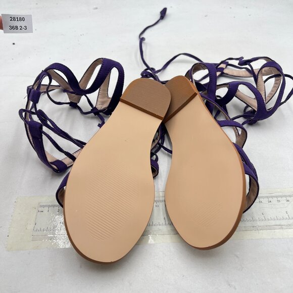 YDN Purple Sexy Knee High Lace up Flats Fringe Low Heel Gladiator Strap Sandals - Picture 7 of 8